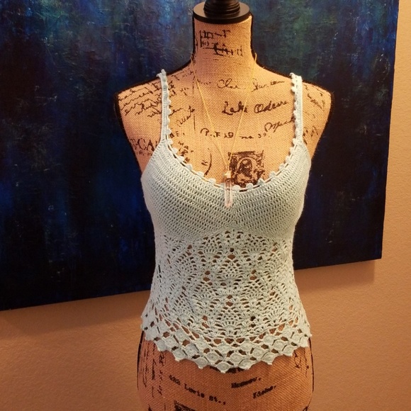 Express Tops - EUC Handknit Express light Turquoise Crochet Top